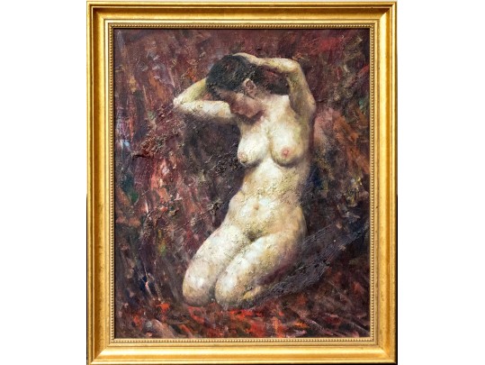 Heddy Signed Oil On Canvas, Kneeling Nude