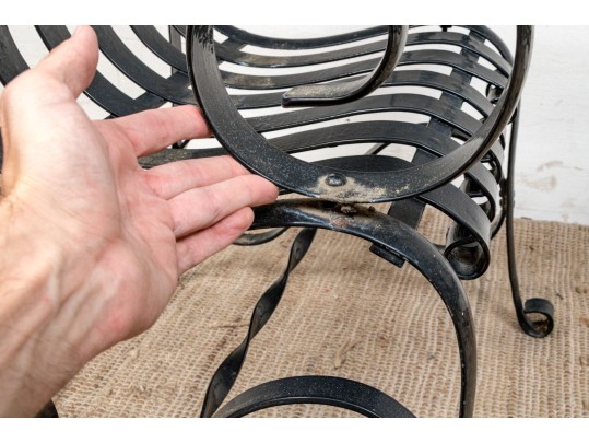 Pair Of Antique Heavy Black Powder Coated Strap Iron Garden Armchairs