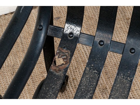 Pair Of Antique Heavy Black Powder Coated Strap Iron Garden Armchairs