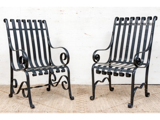 Pair Of Antique Heavy Black Powder Coated Strap Iron Garden Armchairs