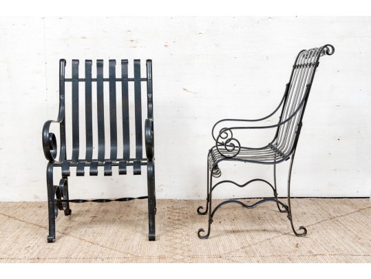 Pair Of Antique Heavy Black Powder Coated Strap Iron Garden Armchairs