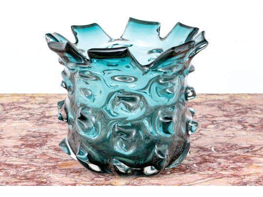 Large Mid Century Blue Thorn Glass Vase