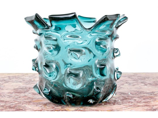 Large Mid Century Blue Thorn Glass Vase