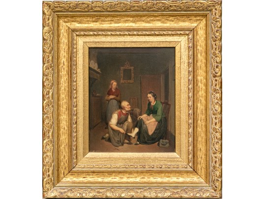 Antique Signed Oil On Board, Woman With Cobbler, 1860
