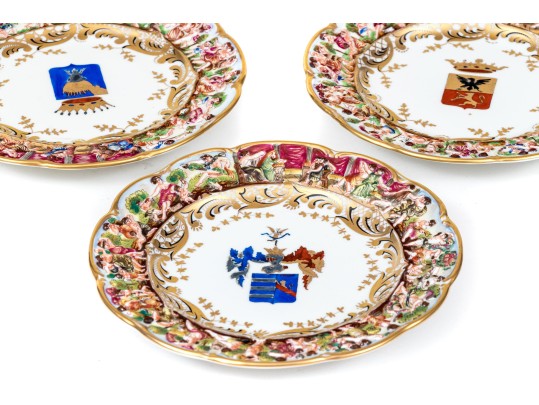 Set Of Six Capodimonte Hand-Painted Heraldic Plates