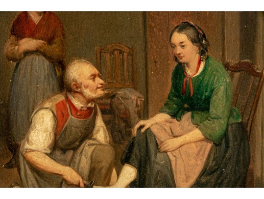 Antique Signed Oil On Board, Woman With Cobbler, 1860