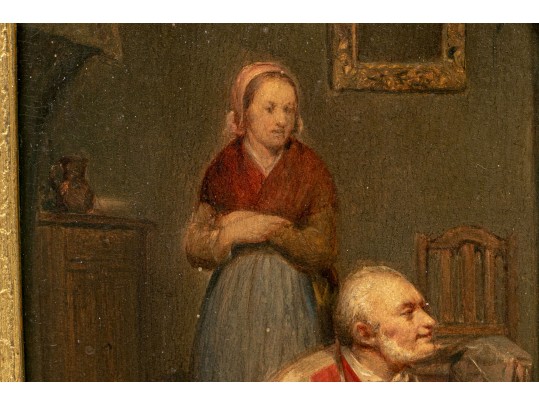 Antique Signed Oil On Board, Woman With Cobbler, 1860