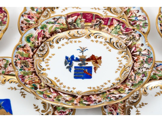 Set Of Six Capodimonte Hand-Painted Heraldic Plates