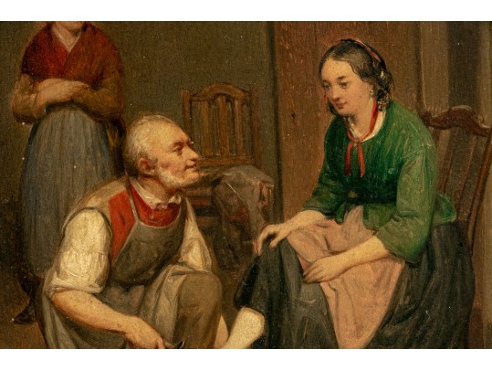 Antique Signed Oil On Board, Woman With Cobbler, 1860