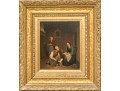 Antique Signed Oil On Board, Woman With Cobbler, 1860