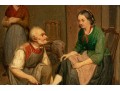 Antique Signed Oil On Board, Woman With Cobbler, 1860