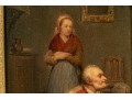 Antique Signed Oil On Board, Woman With Cobbler, 1860