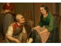 Antique Signed Oil On Board, Woman With Cobbler, 1860