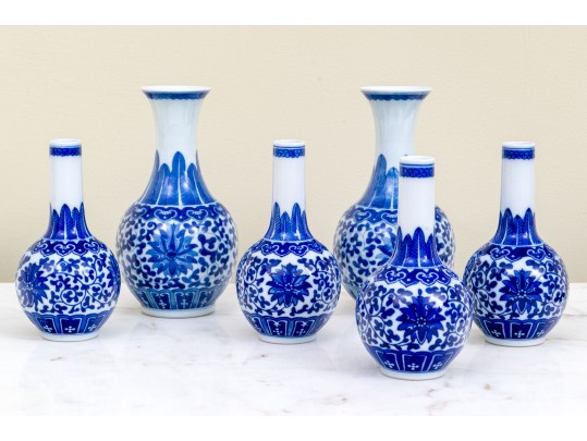 Collection Of Six Chinese Blue And White Porcelain Bottle Vases