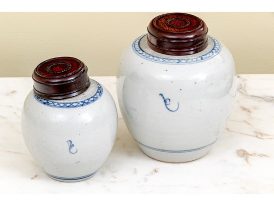 Two Antique Blue And White Ginger Jars With Wooden Lids