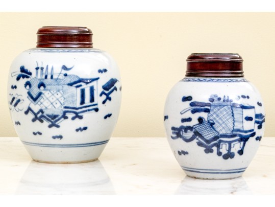 Two Antique Blue And White Ginger Jars With Wooden Lids