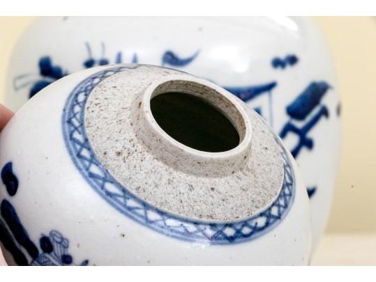 Two Antique Blue And White Ginger Jars With Wooden Lids
