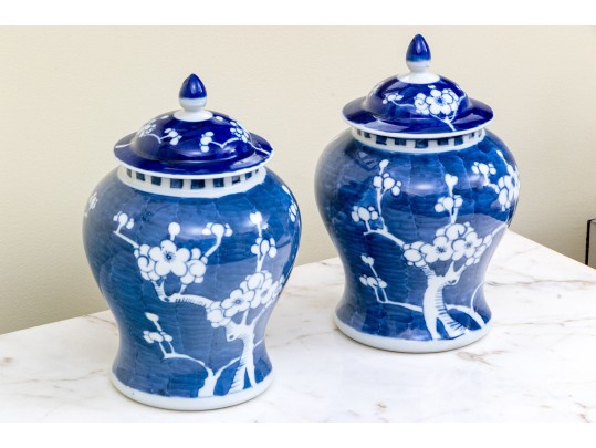Pair Of Chinese Lidded Blue And White Jars