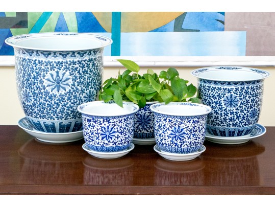 Collection Of Five Chinese Blue And White Porcelain Planters On Underplates