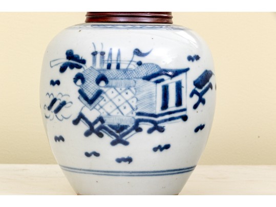 Two Antique Blue And White Ginger Jars With Wooden Lids