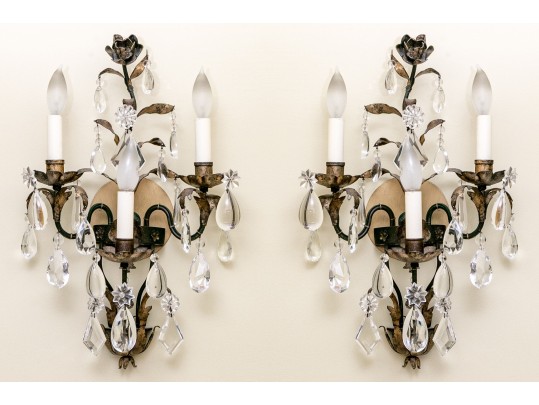 Pair Of Cut Crystal Three Light Wall Sconces