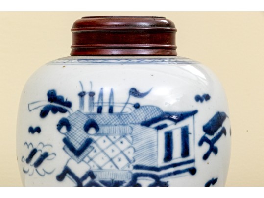 Two Antique Blue And White Ginger Jars With Wooden Lids