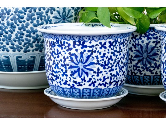 Collection Of Five Chinese Blue And White Porcelain Planters On Underplates