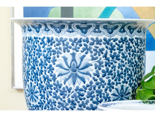 Collection Of Five Chinese Blue And White Porcelain Planters On Underplates