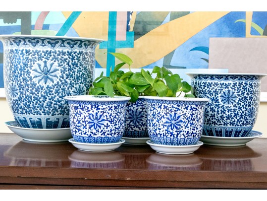 Collection Of Five Chinese Blue And White Porcelain Planters On Underplates