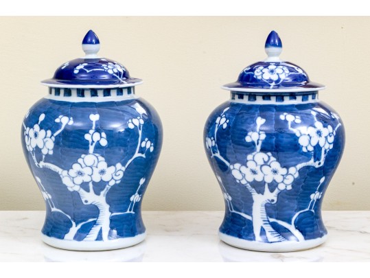Pair Of Chinese Lidded Blue And White Jars