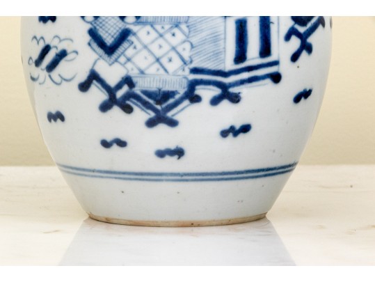 Two Antique Blue And White Ginger Jars With Wooden Lids