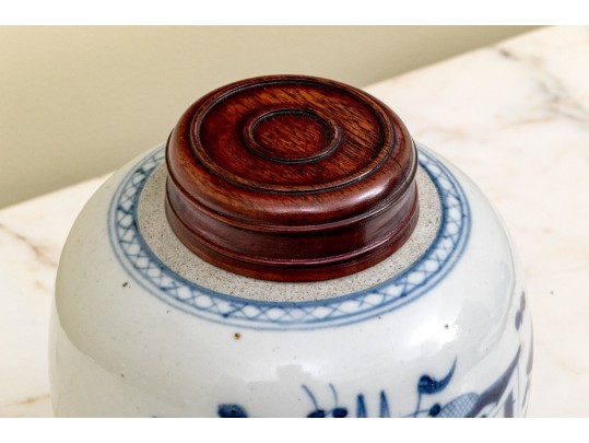 Two Antique Blue And White Ginger Jars With Wooden Lids