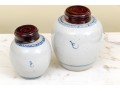 Two Antique Blue And White Ginger Jars With Wooden Lids