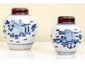 Two Antique Blue And White Ginger Jars With Wooden Lids