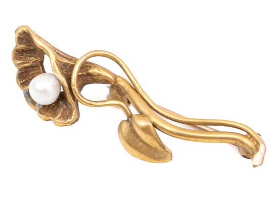 Antique Pretty Yellow Gold Filled And Cultured Pearl Foliate Motif Brooch