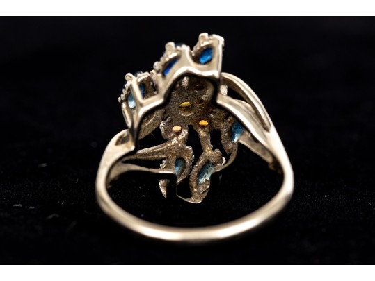 10k White Gold Vintage Opal And Blue Sapphire Cluster Ring, Size 6.75