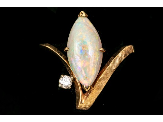 14k Yellow Gold Vintage Contemporary Marquise Opal And Diamond Ring, Size 5.25