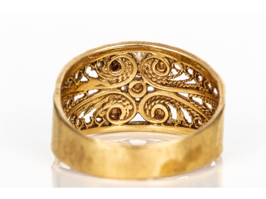14k Yellow Gold Vintage Wide Filigree Motif Ring, Size 11.5