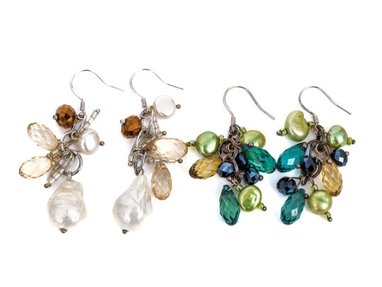 Two Pairs Of Fabulous Sterling Silver, Cultured Freshwater Pearl And Crystal Drop Earrings