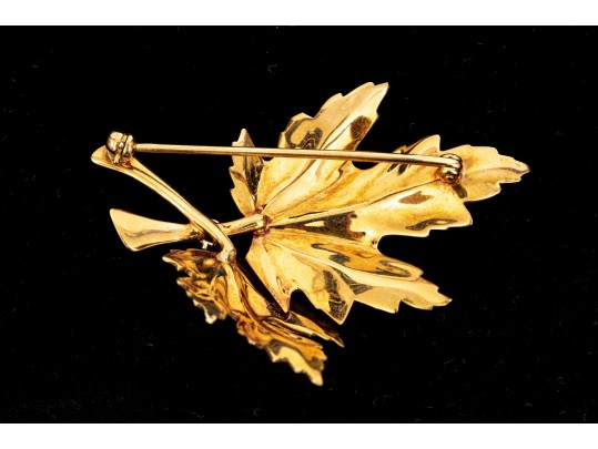 14k Yellow Gold Handsome Vintage Double Leaf Brooch, Diamond Set, App. 0.04 TCW