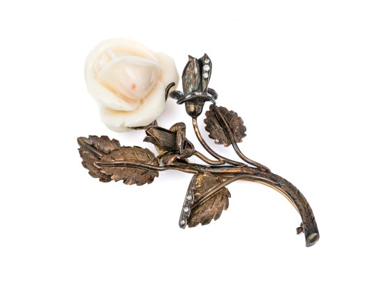 Vintage Pretty Large Yellow Gold Filled Carved Coral Rose Motif Brooch With Diamonds