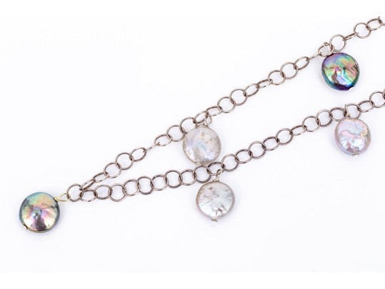 Sterling Silver Fun Opera Length Necklace With Coin Shaped Cultured Freshwater Pearl Stations