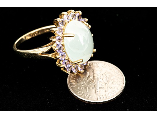 14k Yellow Gold Pale Green Chalcedony And Tanzanite Halo Ring, Size 8