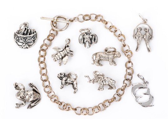 Charming Collection Of Sterling And Silverplate Loose Creature Motif Charms, With Bracelet