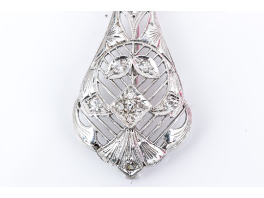 14k White Gold Pretty Vintage Filigree Brooch, Diamond Set, App. 0.20 TCW