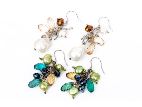 Two Pairs Of Fabulous Sterling Silver, Cultured Freshwater Pearl And Crystal Drop Earrings