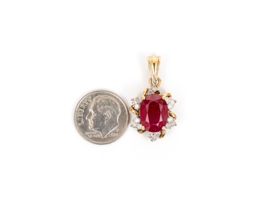 14k Yellow Gold Chunky Oval Lead Filled Ruby And Trefoil Diamond Halo Pendant, App. 0.25 TCW