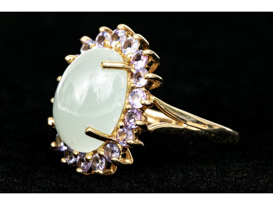 14k Yellow Gold Pale Green Chalcedony And Tanzanite Halo Ring, Size 8