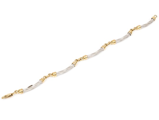 14k Two Tone Striking Twisted Tube Link Bracelet, Capped With Ribbed Ends