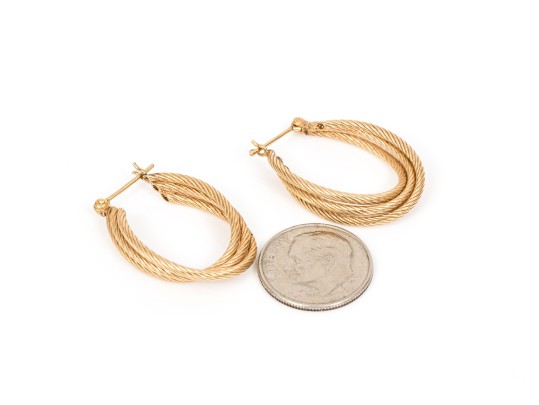 10k Yellow Gold Classic Elongated Oval Ribbed Twisted Hoop Earrings